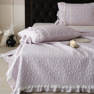 法式蕾丝荷叶花边天丝棉床盖三件套双面夹棉绗缝花边床单防滑紫色