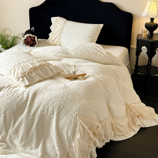 法式浪漫蕾丝边牛奶绒被套四件套冬季珊瑚绒保暖床单床盖加绒床品