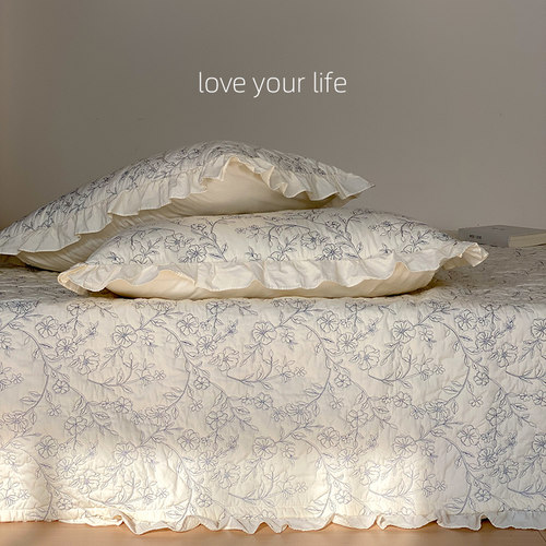 韩国ins纯棉床盖三件套荷叶边