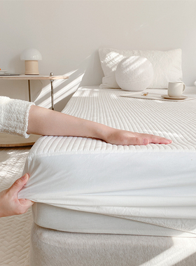 韩国ins风纯棉床盖款夹棉床笠单件全包裹白色绗缝全棉床罩保护垫