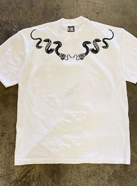 ZELIA 冰丝2025夏季新款美式街头帅气宽松圆领印花白色短袖重磅T