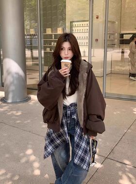 ZELIA 冬季新款派克服女加厚连帽仿水貂绒两面穿保暖座山雕棉服