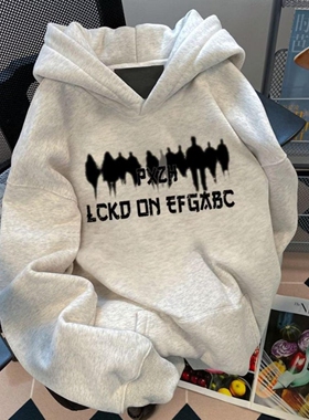 ZELIA 美式字母刺绣灰色连帽套头加绒卫衣女宽松慵懒毛圈帽衫秋冬