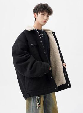 ZELIA 羊羔绒翻领加绒加厚牛仔外套男女款冬季保暖工装棉衣美式复