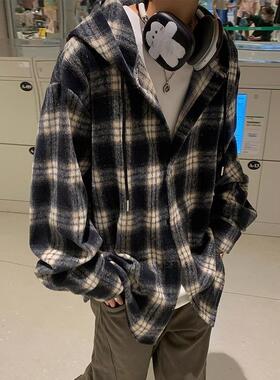 ZELIA 黑色连帽夹克男2026春秋季新款情侣简约百搭宽松休闲格子衬