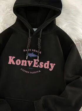 ZELIA 黑色2026秋冬港味oversize慵懒风连帽卫衣女印花chic休闲情