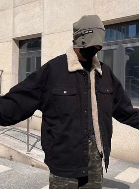 ZELIA 羊羔绒翻领加绒加厚牛仔外套男女款冬季保暖工装棉衣美式复