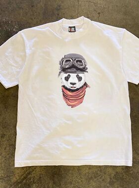 ZELIA 230g重磅情侣夏季新款男士白色熊猫印花短袖圆领体恤休闲上