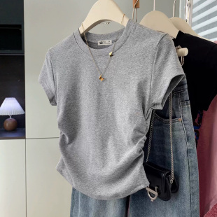 t恤2025新款 修身 夏季 百搭休闲抽绳爆款 显瘦上衣 时尚 灰色正肩短袖