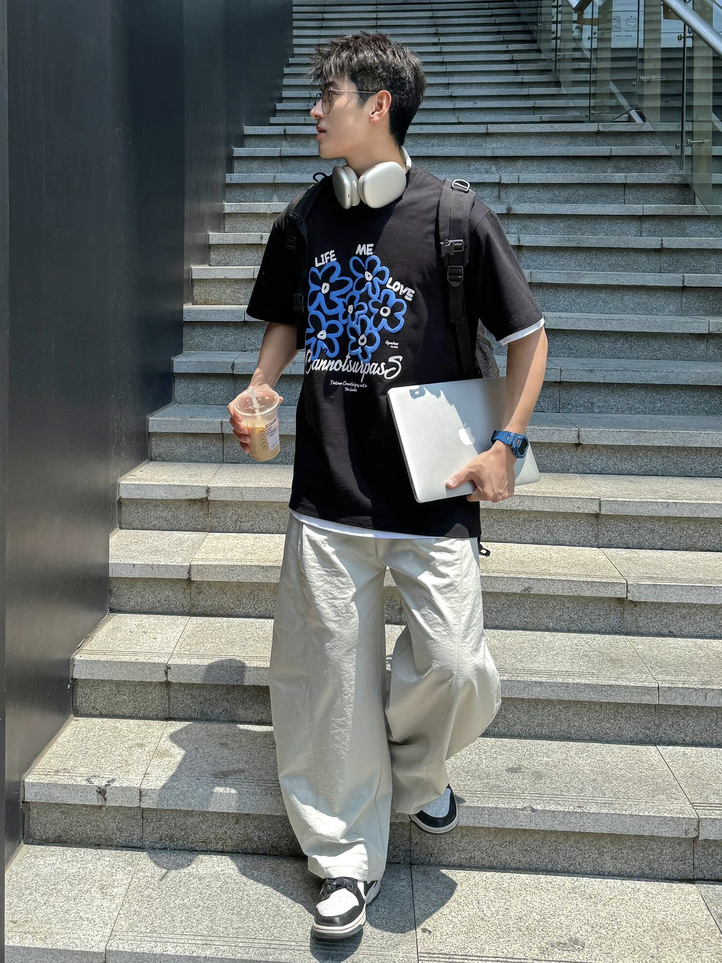 美式重磅纯棉夏季新款黑色圆领短袖t恤男生花朵印花潮流百搭上衣