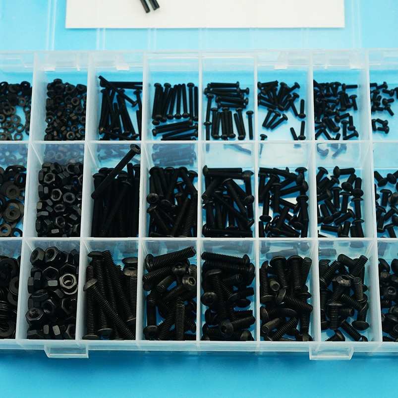 1080pcs 高强度黑色盘头内六角螺丝M2 M3 M4 配螺母平垫扳手套装