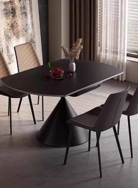 黑色极简岩板餐桌椅意式轻奢可旋转伸缩方圆两用简约现代家用饭桌