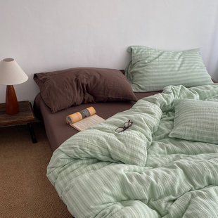 全棉条纹双层纱床上四件套简约软糯纯棉床单床笠款被套罩北欧床品