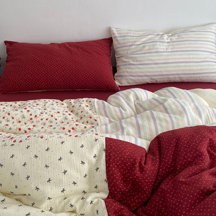 法式纯棉全棉双层皱皱纱床上四件套柔软拼接红色混搭床单被套床品