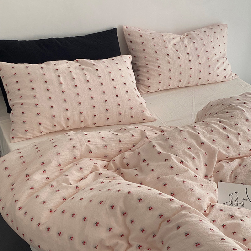 素尺全棉色织樱桃提花床笠四件套粉色韩系简约纯棉床单被套床品4
