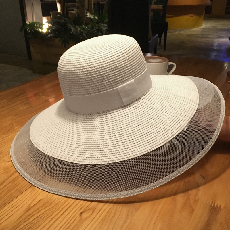 帽子女夏天超大檐沙滩帽网纱边大沿帽纯白色太阳帽海边度假防晒帽
