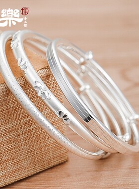 九乐999纯银手镯女实心闭口推拉可调节简约森系网红满天星年轻款
