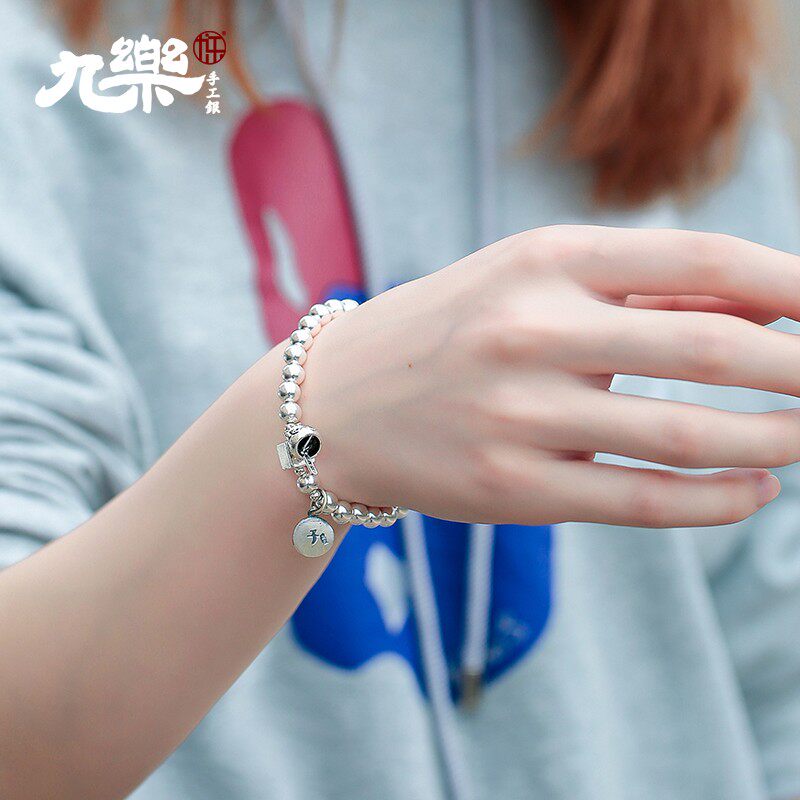 九乐990纯银手链女甜美简约圆珠铃铛十二生肖招财猫脚链送女友礼