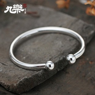 九乐999银手镯女纯银开口圆珠光面实心蒜头足银镯年轻款 送女友礼