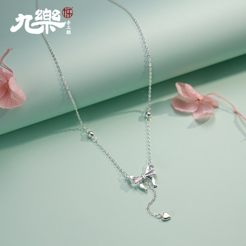 足银990蝴蝶结爱心项链