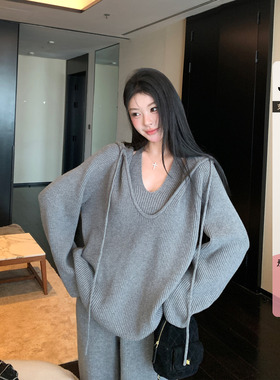 休闲设计灰色针织套装女韩系2026春季新款慵懒风吊带阔腿裤三件套