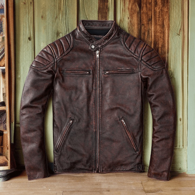 做旧头层牛皮真皮皮衣男立领机车夹克阿美咔叽修身外套潮