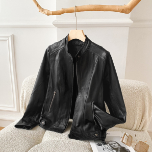 2026春新款绵羊皮真皮皮衣女 短款外套小立领修身简约机车皮夹克