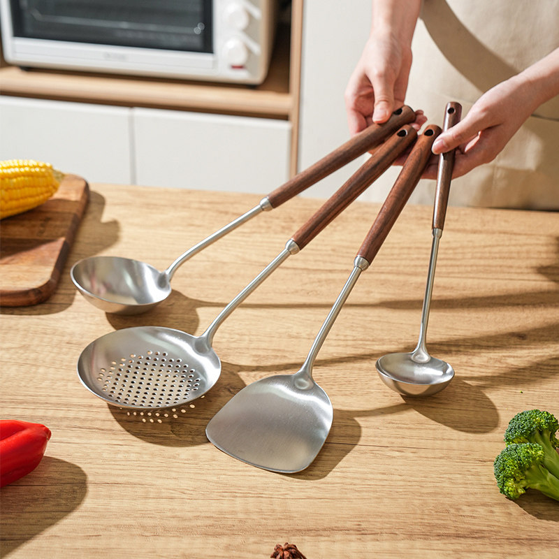 舍里 锅铲家用不锈钢304食品级厨具套装加长木柄炒铲炒勺汤勺漏勺