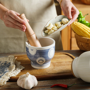 舍里中式陶瓷蒜臼子家用厨房捣蒜压蒜器石臼研磨钵蒜蓉捣碎器擂钵
