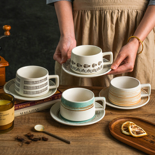 舍里高级感复古粗陶咖啡杯碟套装拉花杯子家用高档马克杯水杯奶杯