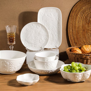 舍里欧式浮雕陶瓷餐具家用碗碟套装简约现代北欧风格米饭碗菜盘子