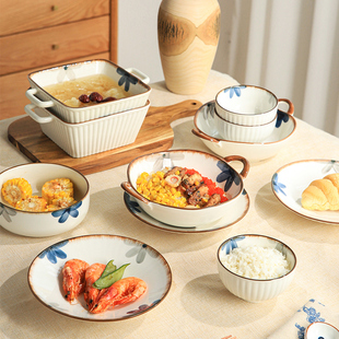 舍里墨蓝陶瓷盘子碗家用2023新款 双耳汤碗米饭碗浅盘餐具套装 日式