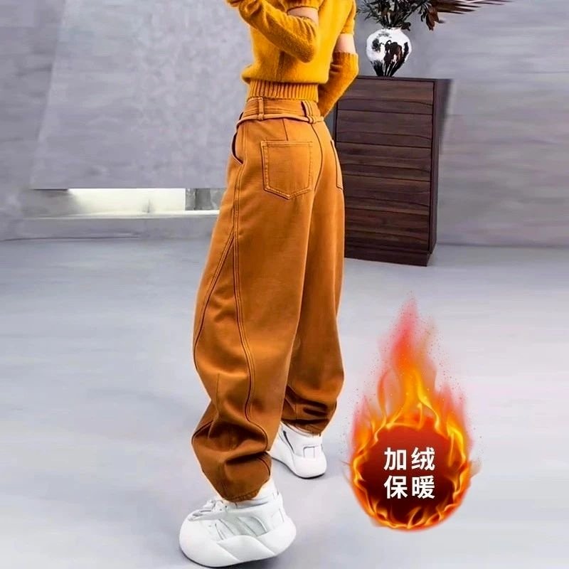 美式橘色加绒牛仔裤女冬季2026新款大码胖mm高腰宽松弯刀阔腿裤子,女装/女士精品,休闲裤,淘宝优惠券,粉丝福利购,淘宝优惠卷