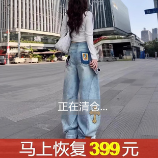 外贸意大利原单出口剪标卡通米奇贴布刺绣牛仔裤女香蕉阔腿直筒裤