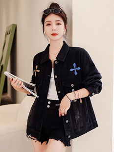 复古刺绣黑色牛仔外套女春秋2026新款韩版百搭长袖炸街短款上衣潮