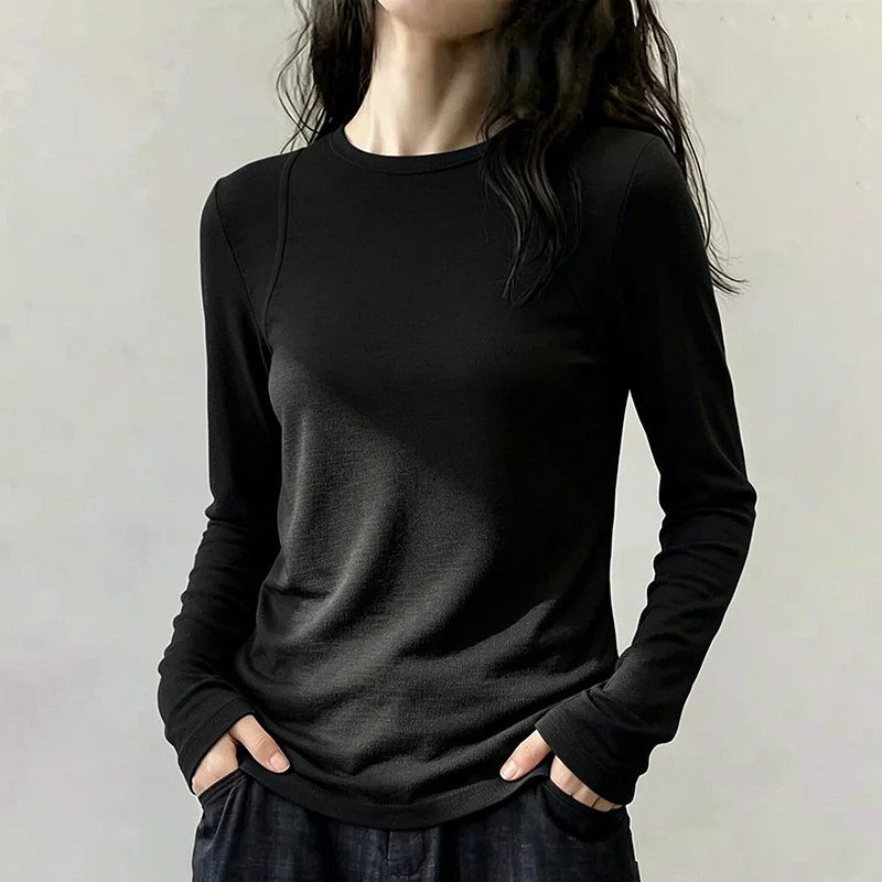 黑色休闲长袖T恤女2026秋季新款时尚减龄圆领休闲显瘦打底衫上衣