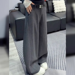 九分高腰休闲弯刀裤 灰色加绒羊毛呢西装 2025年新款 女秋冬季 阔腿裤
