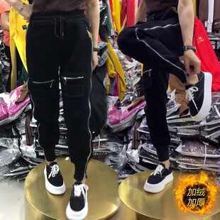裤 新款 工装 女秋冬季 拉链加绒加厚宽松显瘦哈伦卫裤 小脚外穿休闲裤