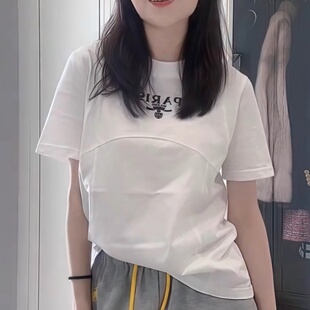2026夏季新款英文字母弧形拼接显瘦短袖T恤女大码女装百搭打底衫