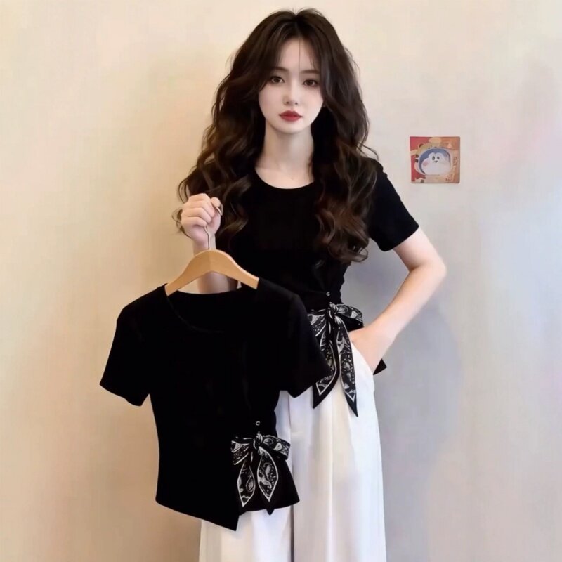 黑色圆领正肩短袖t恤女夏2026新款设计感丝巾蝴蝶结修身气质上衣