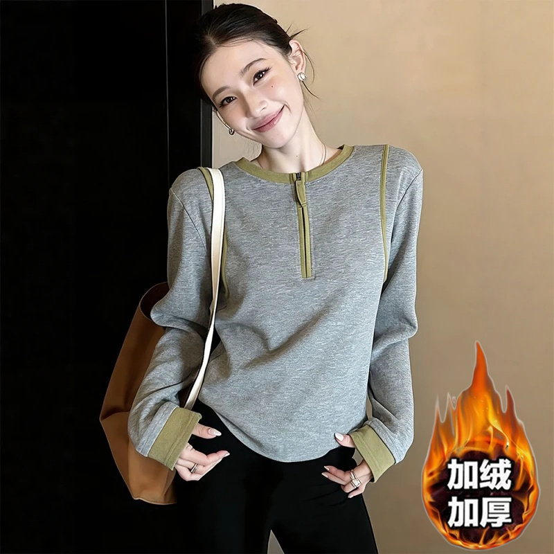 灰色套头加绒卫衣女士2026秋季新款通勤加厚设计感半拉链长袖上衣
