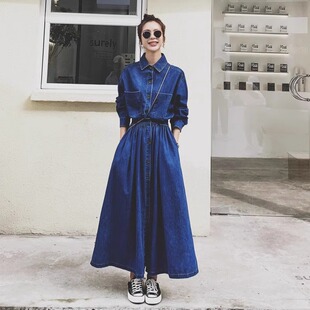 2026春秋新款 高腰裙子女韩系收腰显瘦牛仔连衣裙 洋气复古过膝长袖