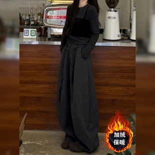 胖mm宽松显瘦松弛感休闲弯刀裤 大码 女2025新款 黑灰色毛呢阔腿裤