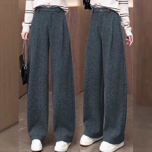 灰色阔腿裤女秋冬季2026年新款高腰宽松褶皱加厚毛呢直筒弯刀裤子