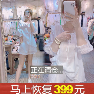 捡漏专柜撤回尾单外贸大码套装女夏麻棉白色7分袖上衣短裤两件套