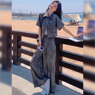 时尚套装女夏季2026新款轻熟高级感短袖衬衫上衣休闲阔腿裤两件套