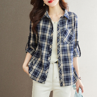 复古格子衬衫女款薄外套2026年秋装新款女士衬衣休闲开衫别致上衣