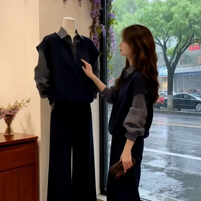 衬衫女春秋季假两件工装长袖上衣