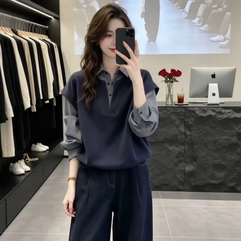 大码假两件条纹衬衫女长袖衬衣秋季微胖mm遮肉显瘦设计感拼接上衣