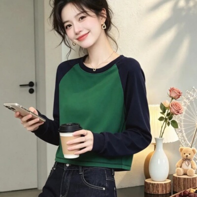长袖T恤女慵懒风设计感撞色上衣